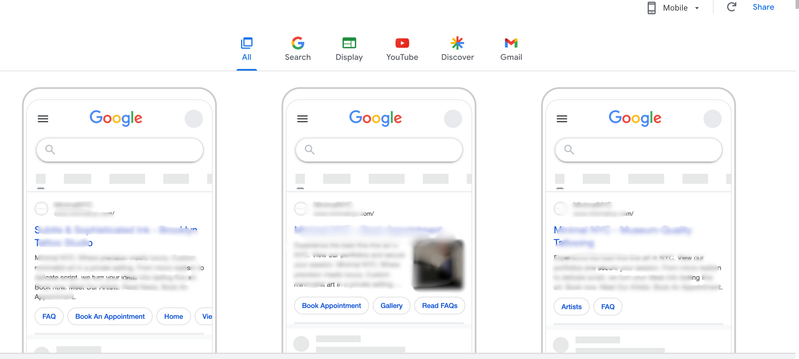 Live Search ad placements for high-intent NYC tattoo queries.