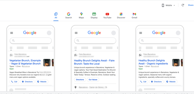 Search ad and Maps placements shown to diners in Barcelona.